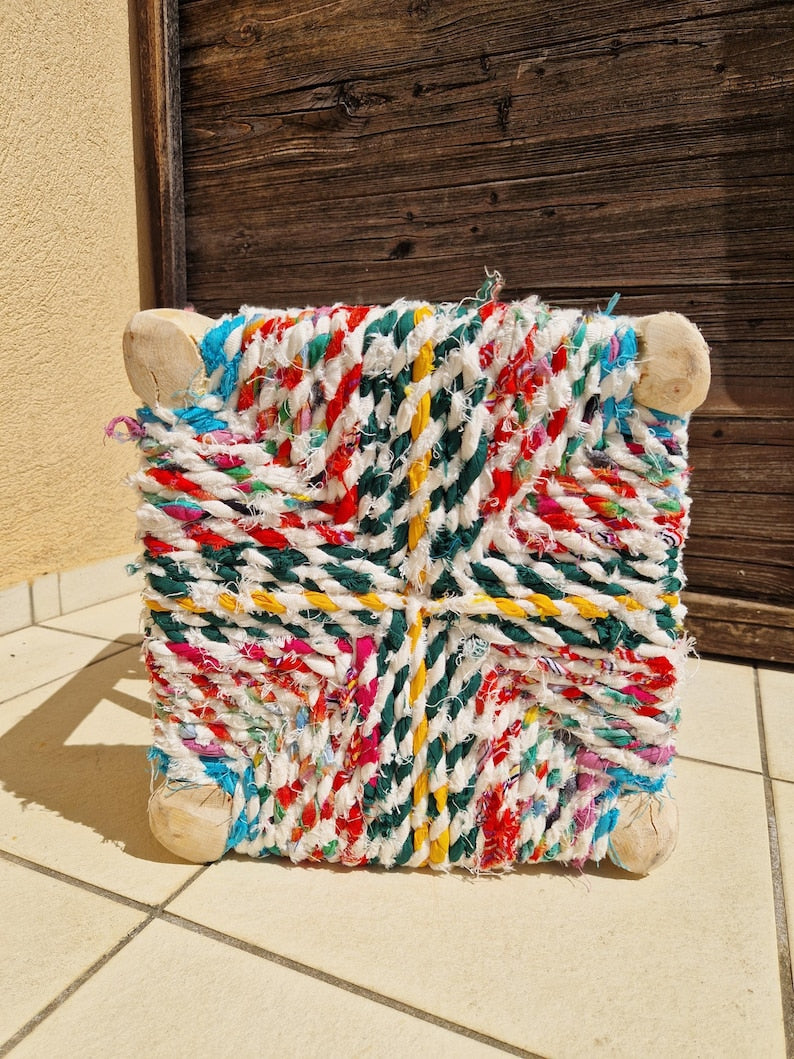 Handcrafted Moroccan Wooden Stool with Colorful Boucherouite Fabric Seat AZRIVA