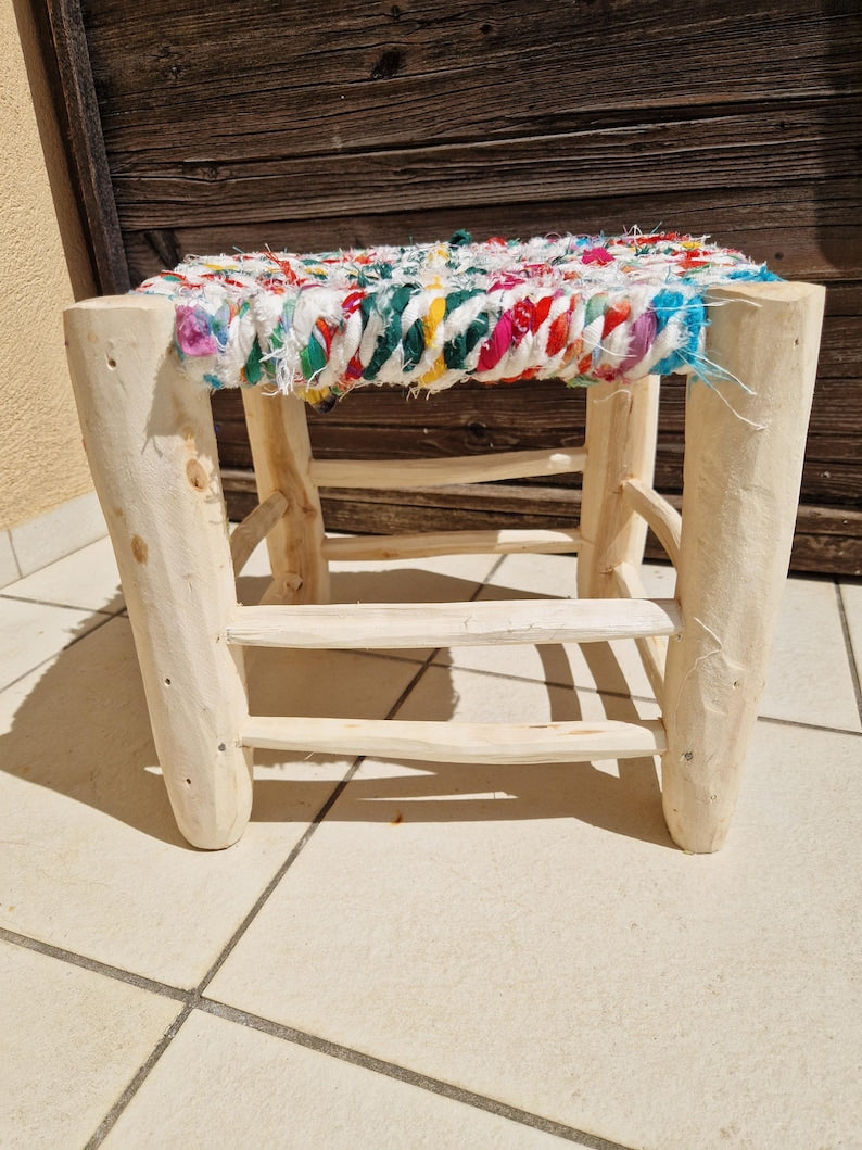Handcrafted Moroccan Wooden Stool with Colorful Boucherouite Fabric Seat AZRIVA
