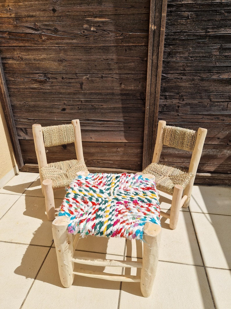 Handcrafted Moroccan Wooden Stool with Colorful Boucherouite Fabric Seat AZRIVA